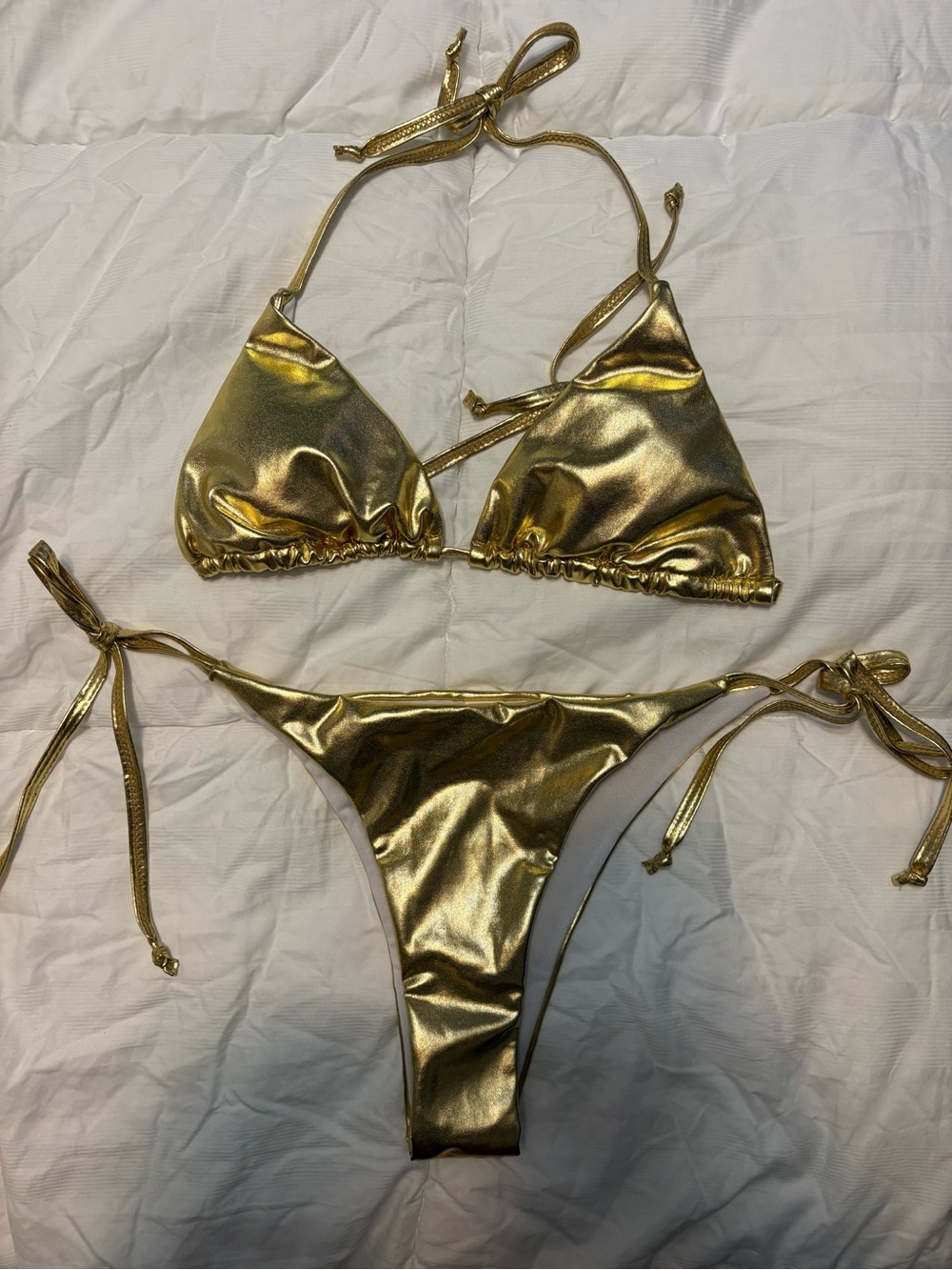 Metallic Gold Tie-Side Bikini Set